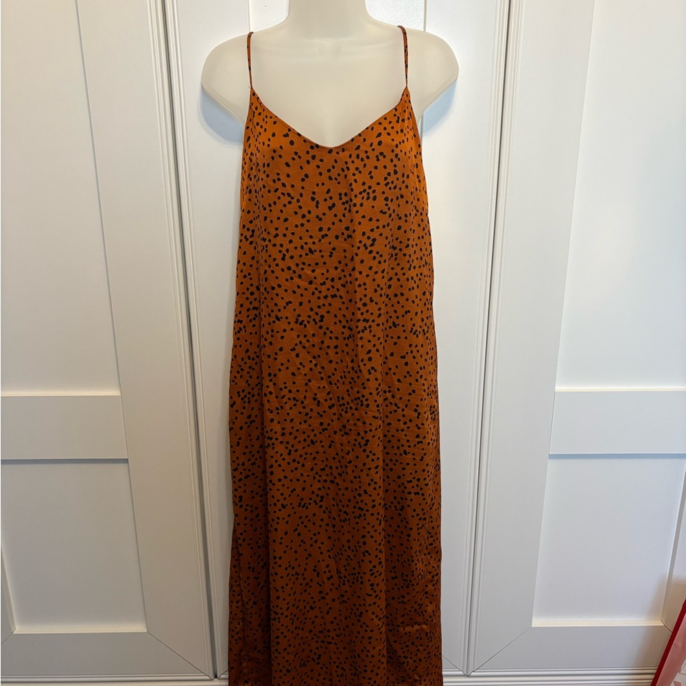 Crescent Orange Midi Dress with Black Dots